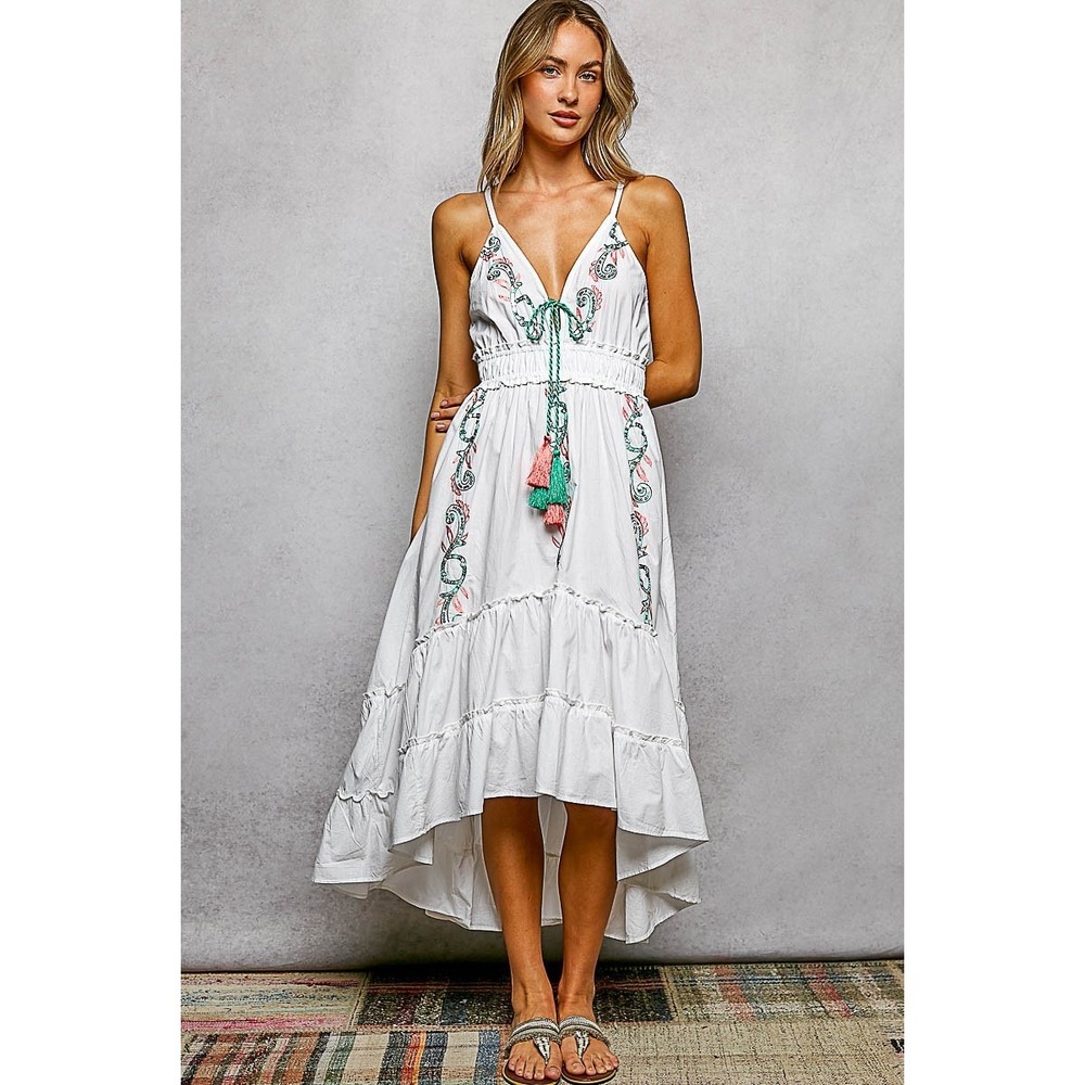 POL Embroidered Detail Tassel Tie Smocked Waist Midi Tiered Cami Dress - Large - Picture 2 of 6